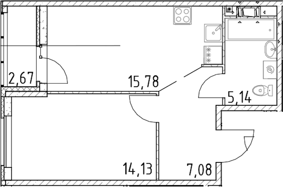 1-комнатная квартира 42.14 м², 14/17 эт., ЖК «Город Первых»